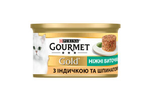 Корм консервированный полнорационный для взрослых котов с индейкой и шпинатом Нежные биточки Gold Gourmet ж/б 85г