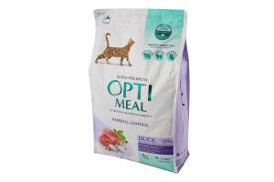 Корм сухой с уткой и эффектом выведения шерсти для взрослых кошек Optimeal м/у 4кг