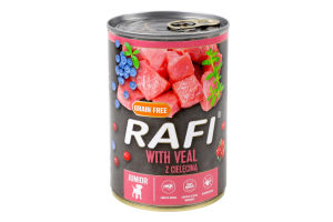 Корм полнорационный для щенков и молодых собак всех пород с телятиной Rafi ж/б 400г