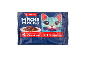 Корм д/котів М'ясний мікс шматочки в соусі 4*100г пауч М'ясна миска
