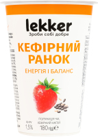 Напій кефірний 1.5% з фруктовим наповнювачем пастеризованим Полуниця-чіа Кефірний ранок Lekker ст 180г