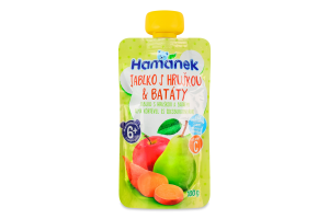 Пюре фруктово-овочеве для дітей від 6міс гомогенізоване Яблуко з грушею та бататом Hamanek д/п 100г