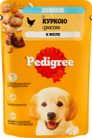 Корм консервований повнораціонний для цуценят З куркою та рисом в желе Junior Pedigree д/п 100г