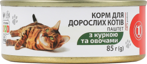 Корм консервированный полнорационный для взрослых котов Паштет с курицей и овощами ТМ "1" ж/б 85г