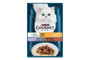 Корм консервований для дорослих котів міні філе у підливі з телятиною та качкою Perle duo Gourmet д/п 85г