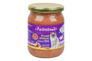 Корм консервированный для котов Мясной деликатес с сердцем, печенью, курицей Премиум Леопольд с/б 500г