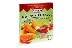 Сир 45% м'який в паніровці з томатно-перцевим соусом Mozzarella Sticks Coburger к/у 300г