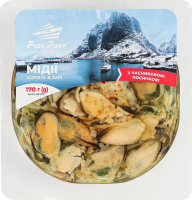 Мидии соленые в масле с чесночной посыпкой Fish Port лоток 0.17кг