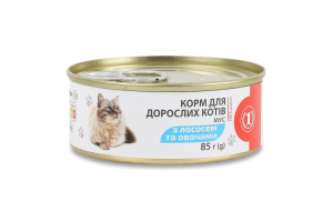 Корм консервований повнораціонний для дорослих котів Мус з лососем та овочами ТМ "1" з/б 85г