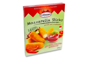 Сир 45% м'який в паніровці з томатно-перцевим соусом Mozzarella Sticks Coburger к/у 300г