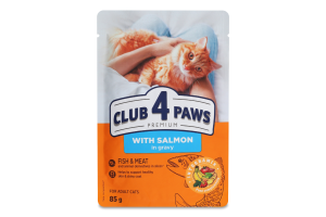 Корм д/дорослих котів Premium з лососем в соусі 85г пауч Club 4 Paws