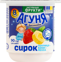 Сирок 3.9% для дітей від 8міс з наповнювачем фруктовим Полуниця-банан-меліса Агуня ст 90г