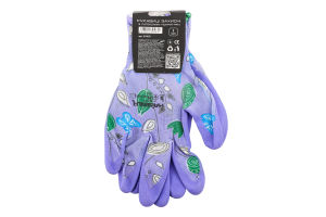 Рукавиці садові фіолетові поліестр з зеленим латексним покриттям р.S/М Haisser
