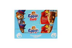 Тістечко бісквітне з яблучно-полуничною начинкою та начинкою зі смаком ванілі Duo Барні к/у 5х30г