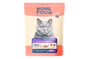 Корм д/дорослих котів британських та шотландських порід Індичка та качка сухий 400г Home Food