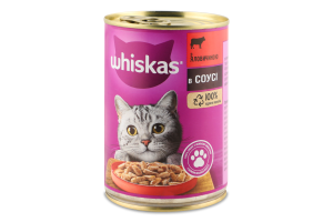Корм консервований повнораціонний для дорослих котів З яловичиною в соусі Whiskas з/б 400г