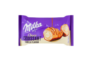 Круассан снизу глазированный и сверху декорированный молочным шоколадом с начинкой со вкусом ванили Milka м/у 50г