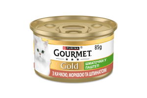 Корм консервированный для взрослых котов с уткой, морковью и шпинатом Кусочки в паштете Gold Gourmet ж/б 85г