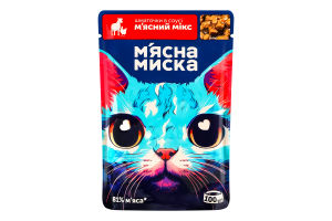 Корм консервированный полнорационный для взрослых котов Мясной микс Кусочки в соусе М'ясна Миска д/п 100г