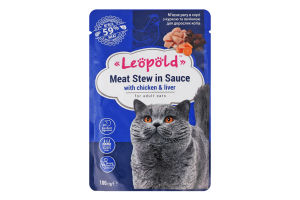 Корм консервированный полнорационный для взрослых котов Рагу мясное в соусе с курицей и печенью Leopold д/п 100г