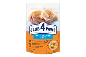 CLUB 4 PAWS Преміум для кошенят "З лососем в соусі". Повнораціонний консервований корм, 0,08 кг