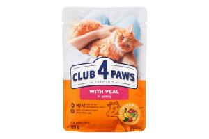 Корм консервований повнораціонний для дорослих котів З телятиною в соусі Premium Club 4 Paws д/п 85г