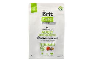 Корм д/дорослих собак середніх порід Састейнебл з куркою та комахами сухий 3кг Бріт Кеа