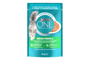 Корм консервированный для взрослых котов в помещении с тунцом и зеленой фасолью Кусочки в соусе Purina One д/п 85г