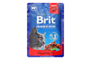 Корм влажный для взрослых котов Кусочки тушеной говядины и гороха Premium Brit д/п 100г