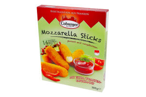 Сир 45% м'який в паніровці з томатно-перцевим соусом Mozzarella Sticks Coburger к/у 300г