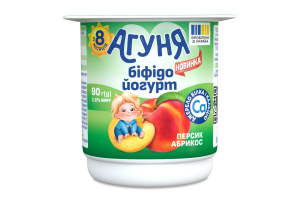 Бібіфідойогурт 2,8% жиру з наповнювачем фруктовим "Персик-абрикос" для харчування дітей віком від 8-ми місяців, ТМ "Агуня" 90 г