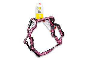 Шлея д/собак Смайли на рожевому з QR паспортом анатомічна H-образна нейлон пластиковий фастекс р.S 15мм A30-45см B35-45см WauDog