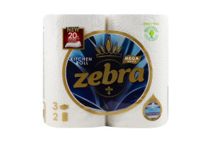 Рушники папер. Zebra Mega 2 рулона по 125 арк., 28,7 м, 3-х шар. И142 (Болгарія)