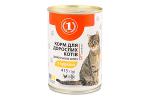 Корм консервированый для взрослых котов с курицей кусочки в соусе ТМ "1" ж/б 415г