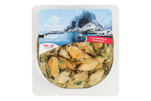 Мидии соленые в масле с чесночной посыпкой Fish Port лоток 0.17кг