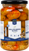 Оливки зеленые без косточек обжаренные на гриле в маринаде с овощами и пряностями пастеризованные Metro Chef с/б 320г
