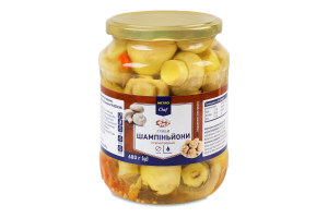 Шампиньоны целые маринованные стерилизованные с сахаром и подсластителем Metro Chef с/б 680г