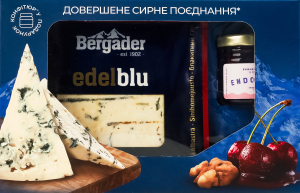 Набір Сир 60% напівтвердий Еделблу Гурме 0.1кг + Варення вишневе з волоським горіхом 40мл Bergader&Endorfine к/у 1шт