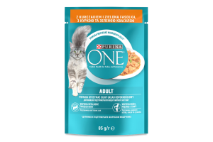 Корм консервированный полнорационный для взрослых котов кусочки в соусе с курицей и зеленой фасолью Purina One д/п 85г