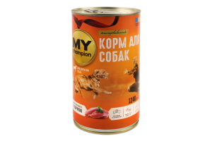 Корм консервированный полнорационный для взрослых собак Кусочки в соусе с индейкой My Champion ж/б 1.24кг