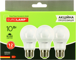 Лампа LED ЕКО A60 10W E27 4000K 3шт Eurolamp
