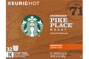 Starbucks K-Cups Medium Roast Ground Coffee Pike Place - 32 CT