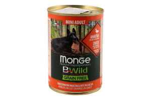 Корм консервированный для взрослых собак беззерновой с уткой тыквой цукини BWild Natural superpremium Monge ж/б 400