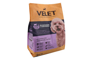 Корм д/дорослих собак малих порід Преміум беззерновий з телятиною сухий 2кг Velet