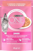 Корм консервований повнораціонний для кошенят з лососем та морквою Шматочки в соусі Junior Purina One д/п 85г