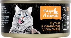Корм консервированный для взрослых котов и котят полнорационный Курица с печенью в подливке Happy Animal ж/б 80г