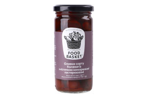 Оливки сорта Каламата с косточкой консервированные пастеризованные Food Basket с/б 240г
