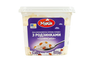 Масса творожная 18% молокосодержащая сладкая с изюмом Крестьянская Мілкін п/у 350г