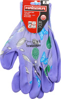 Рукавиці садові фіолетові поліестр з зеленим латексним покриттям р.S/М Haisser