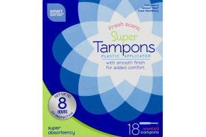 Smart Sense Super Tampons Plastic Applicator Super Absorbency Fresh Scent - 18 CT